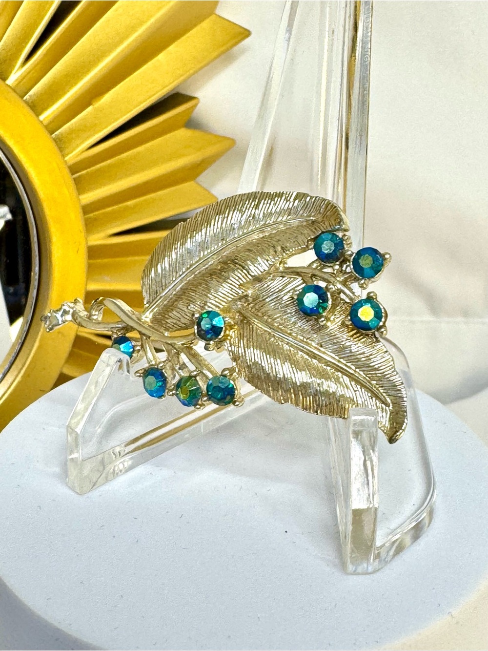 Vintage Pegasus Coro Silver Leaf Brooch with Blue-Green Crystal- Aurora Borealis